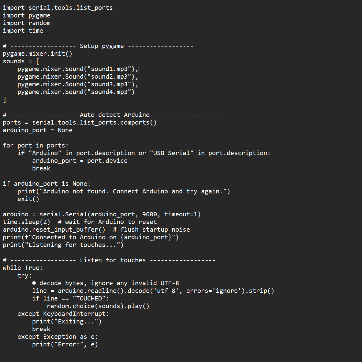 Python code for translating Arduino touch to sound output.
